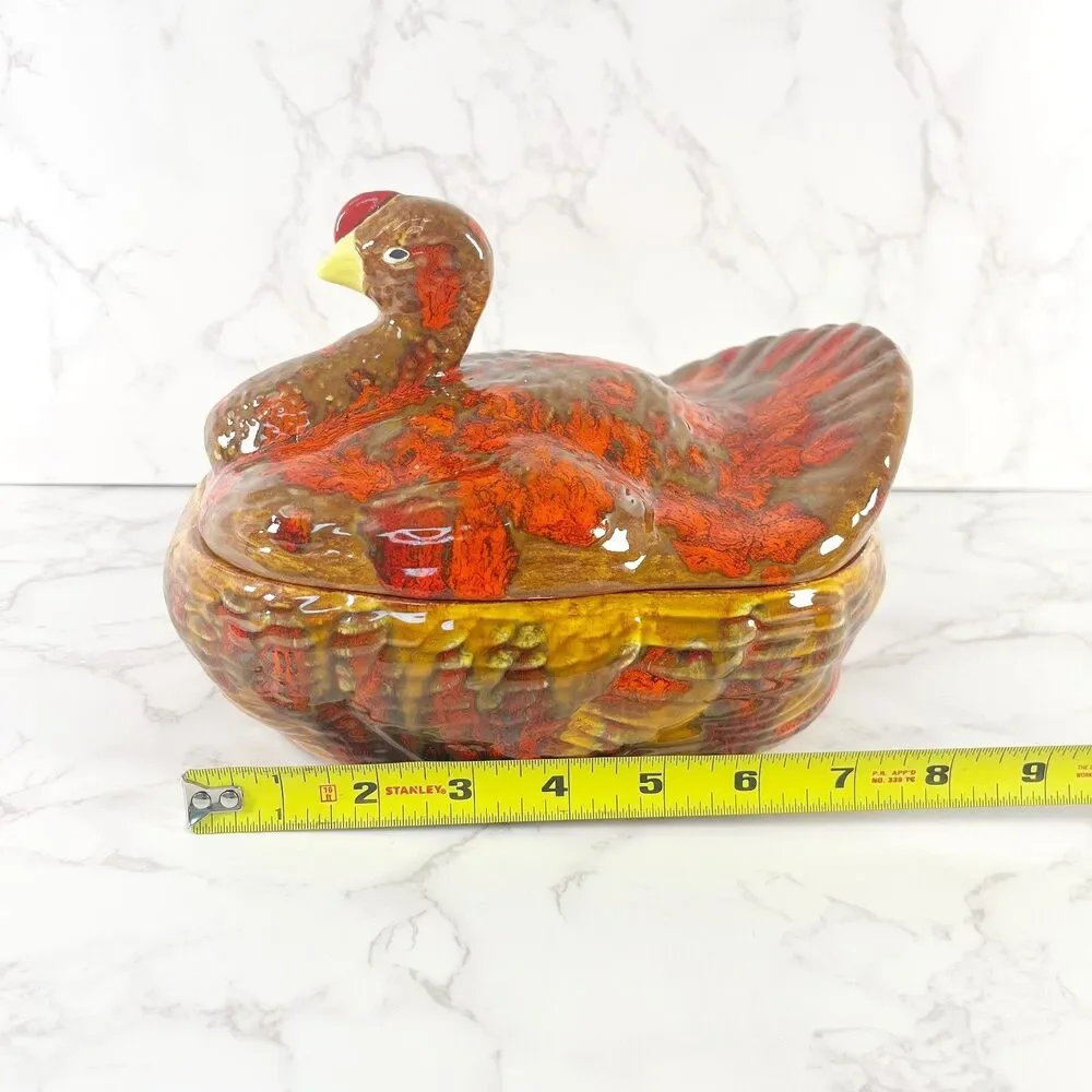 Vintage 1970s Ceramic Turkey Tureen with Lid Drip Glaze Fall Casserole Dish